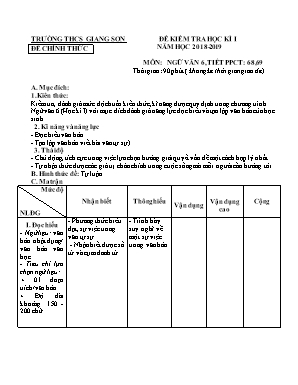 Giáo án Ngữ văn Lớp 6 - Tiết 68+69 Kiểm tra học kỳ I - Năm học 2018-2019 - Trường THCS Giang Sơn